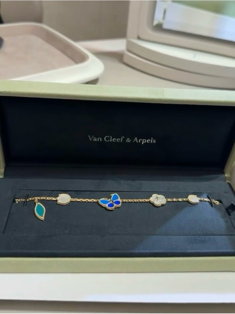 Van Cleef & Arpels Gold Butterfly and Motif Charm Bracelet - Blue, Green, White